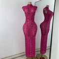 Luxury Purple Rhinestones Long Party Dress Celebrity Women Sexy Sleeveless Mesh See Through Prom Gown Club Birthday Dresses
