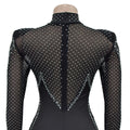 Sparkly Rhinestone Perform Costume Long Sleeve Sheer Mesh Jumpsuit Singer Party Show Outfit Club Patchwork Skinny Jumpsuits