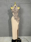 Solid Hollow Out Spliced 3D Flower Elegant Dresses for Women Stand Neck Sleeveless Split Sexy Long Dress Female New