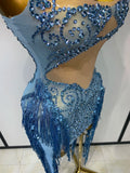 Sparkly Blue Rhinestone Tassel Mesh See Through Dress Pole Dancer Singer Outfit Women Sexy Evening Party Club Stage Costume