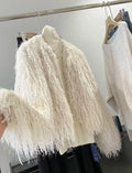 Original High-quality 2026 New Women's Round-neck Button-down Feather Decoration Metal Thread Long-sleeved Coat