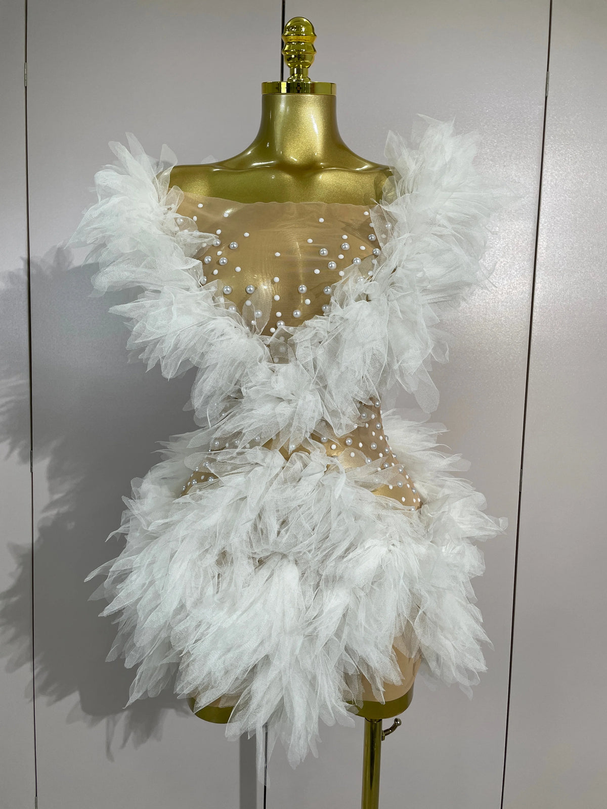 Sexy Sparkly Rhinestone Eveing Party Birthday Nightclub Stage Costume Elegant Off The Shoulder White Mesh See-Through Mini Dress