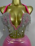 Women Eveing Celebrate Party NightClub Festival Outfit Sexy Stage Costume Luxury Shiny Diamond Chain Top Mini Dress Two Pieces