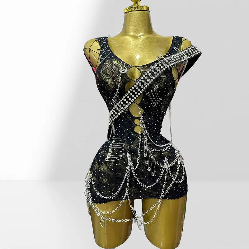 Personalized Design Hollow Pin Belt Black Mesh Jumpsuit Halloween Festival Stage Performance Vest Party Wear Dress For The Women