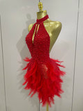 Women Sexy Celebrate Birthday Dress Luxury Rhinestones Pearls Feathers Halter Backless Short Dress Nightclub Bar Stage Costume