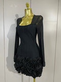 Sexy 3D Red Black Rose Flowers Mesh Long Sleeve Bandage Mini Dress Evening Prom Birthday Party Photo Shoot Cocktail Party Dress