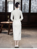 White Embroidery Thickened Chinese Style Long Sleeved Cheongsam Women's Retro Slim Fit Autumn and Winter Qipao Dress