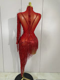 Sparkly Rhinestones Tassel Sexy See-Through Dress Women One Shoulder Latin Dance Outfits Bars Nightclub Party Stage Costume