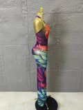 Sophisticated Rainbow Floral Mesh Halter Maxi Dress Rhinestones Bodycon Evening Gala Prom Special Occasions Costume