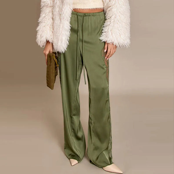 Casual Lace Satin Patchwork Pants Women See Through High Waist Lace Up Straight Trousers 2026 Spring Lady Solid Chic Trouser