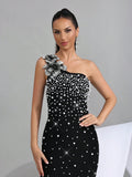 2026 New Sexy One Shoulder Pearl Bead Flower Maxi Long Bodycon Bandage Dress Women Elegant Evening Club Party Outfit