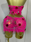 Sexy Evening Party Nightclub Performance Costume Women Birthday Mesh See-Through Pin Decoration Chain Short Dress Two-Piece Set