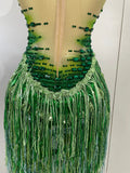 Women Sparkly Green Rhinestone Tassels Sexy Latin Dancer Mesh Bodysuit Eveing Party Birthday Nightclub Performance Stage Costume