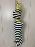 Sexy Off Shoulder Striped Button Two Piece Mini Bandage Set 2025 Women Celebrity Designer Evening Party Luxury Birthday Outfit