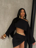 Sexy 2 Piece Set Women Skew Collar Loose Crop Tops+Ruched Knot Ribbon Skirt Matching Beach Vacation Party Club Suit