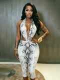 Sexy Backless Playsuit Woman Summer Trend Serpentine Print Halter Low-Neck Skinny Stretch Midnight Club Party Rompers