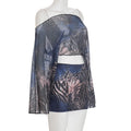 Y2K 2 Piece Set Women Tiger Str Slanted Shoulder Split Sleeve Mesh Crop Tops+Peach Hip Skirts Matching Street Outfits