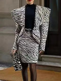 Zebra Stripe Print Two Piece Set for Women Lapel Long Sleeve Spliced Zipper Short Coat Mid Waist Knee Skirt Female