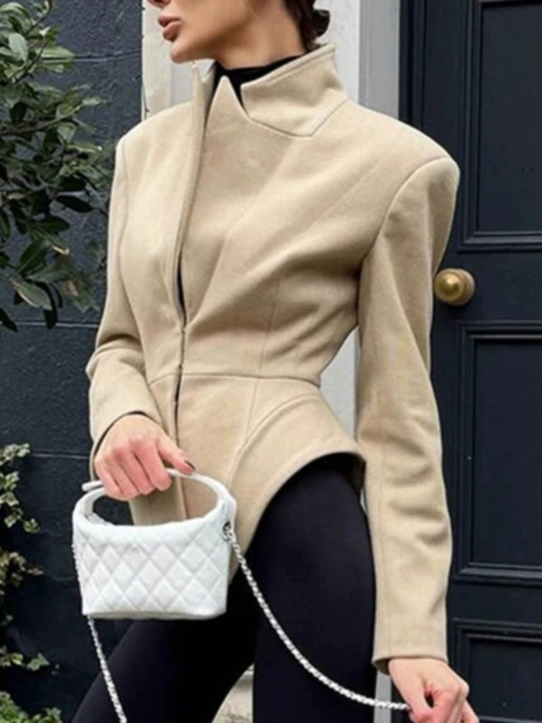 Chic Irregular Women Jackets Stand Collar Long Sleeve Vintage Slim Jacket for Business Commute Casual Outing New