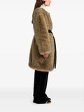 Street Crew Neck Faux Fur Midi Coat Long Sleeve Loose Winter Jacket with Adjustable Fabric Waist Belt Side Pockets for Daily