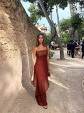 Brown Glitter Chiffon Tiered Maxi Dress Elegant One Shoulder Square Neck Flowy dresses 2026 Summer Formal Wedding  Party gowns