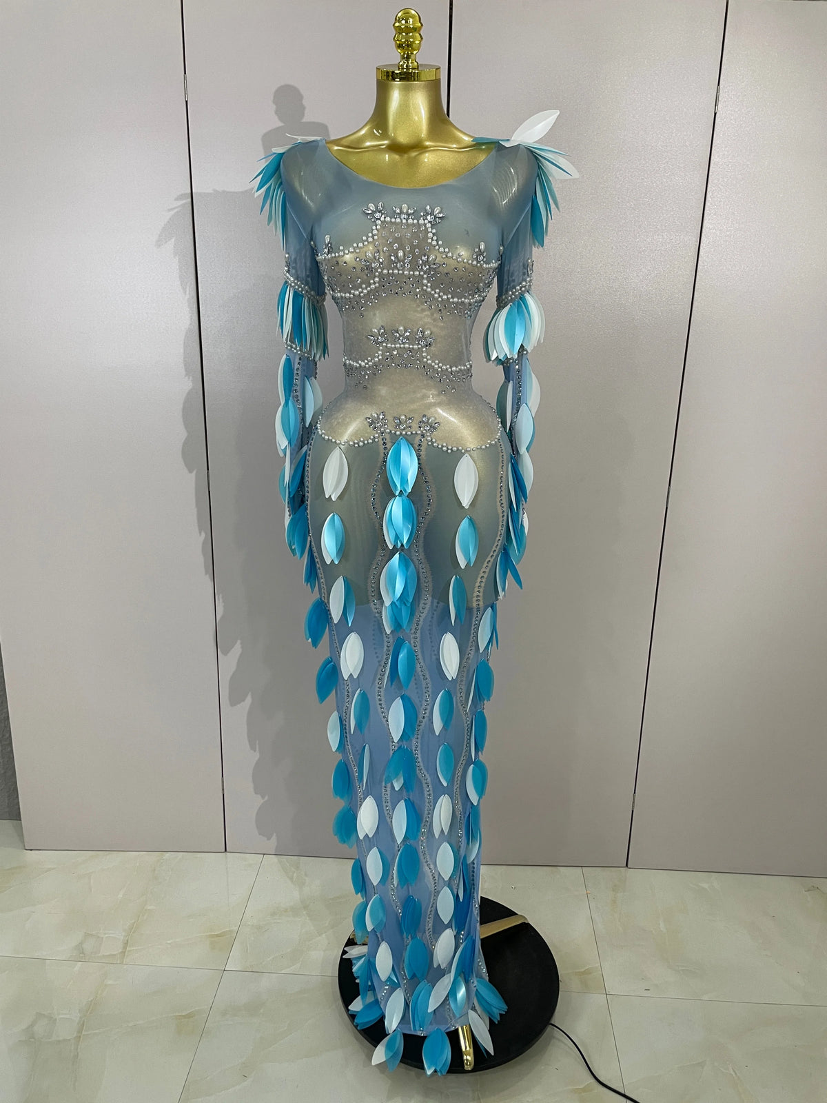 Women Celebrate Party Birthday Wedding Dress Nightclub Stage Outfit Luxury Sparkly Rhinestones Pearl Leaves Sexy Mesh Long Dress