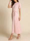 Art Exhibitions Pink Pleated Maxi Dress for Women Puff Sleeve Twist Waist Accent Pleated Bodice for Wedding Guest