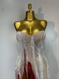 Sparkly Tassel Pearl Strapless High Slit Dress Luxury Evening Party Gown Nightclub Singer Performance Costume Festival Dresses