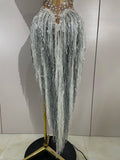 Women Sparkly Diamonds Pearls Tassel Sexy Mesh Stretch Dress Latin Dance Luxury Birthday Outfits Nightclub Party Stage Costume