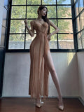 High Splits Tassels Maxi Dress Women Sexy Patchwork v-Neck Backless Sexy Zipper Elegant Banquet Skinny Party Vestidos
