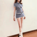 Solid Two Peice Set for Women Lapel Short Sleeve Shirt Low Waist Spliced Fungus Edge Mini Skirt Sweet Suit Female