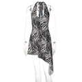 Zebra Print Halter Dress Y2k Deep V Neck Backless Irregular Hem Mini Gown 2026 Autumn Women's Nightclub Party Street Sundress