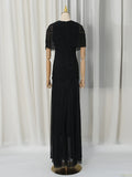 Luxury Galas Event Black Sheer Mesh Ruched Maxi Dress for Women O Neck Short Sleeves Bodycon Silhouette Skirt for Red Carpet
