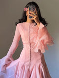 Women's Irregular Pleated Patchwork Fashion Long Flare Sleeve Waist Cinching Midi Dresses 2026 New Female Clothing