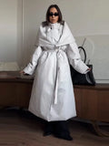 Detachable Triangle Shawl Long Puffer Coat Stand Collar Waist Tie Belt Button Solid Loose Women Coats 2026 Winter Commute Outfit