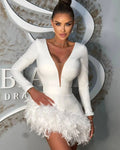 Women's 2-Color Glam V-Neck Gorgeous Feather Skirt Bandage Mini Dress Fashion Party Evening Performance Dress Women Glam Dresses