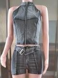 Distressed Style Denim 2 Piece Set Women Zipper Cardigan Sleeveless Crop Top+Skinny Shorts Hottie Street Hipster Suit