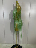 Sexy Green One Shoulder See-Through Sparkly Rhinestones Tassel Dress Women Latin Dance Outfits Bar Nightclub Party Stage Costume