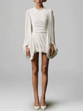White Loose Spliced Folds Chic Dresses for Women O Neck Long Sleeve Beach Vacation Dress Female Summer Fashion New