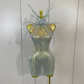 Sexy Sparkly Rhinestones Sleeveless Mesh See-Through Mini Dress Women Eveing Party Dancer Bar Nightclub Stage PhotoShoot Costume