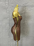 Women Sexy Metallic Gold Silver Bronze Bodycon Dress with Thin Straps and Drawstring Hem Evening Event Women Clubwear Outfit