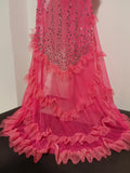 Women Strapless Mesh Ruffled Slit Long Dress Sparkly Diamond Birthday Evening Party PhotoShoot See Through Nightclub Stage Wear