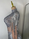 Sparkly Crystal Diamond Sexy Sheer See Through Shining Tassels Dress Long Sleeve Prom Dress Birthday Party Performance Dress