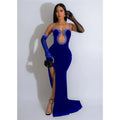 Luxury Woman Evening Dress Sparkle Heartbeat Velvet Diamonds Maxi Dress Gown Celebrities Outfits With Rhinestones Glove