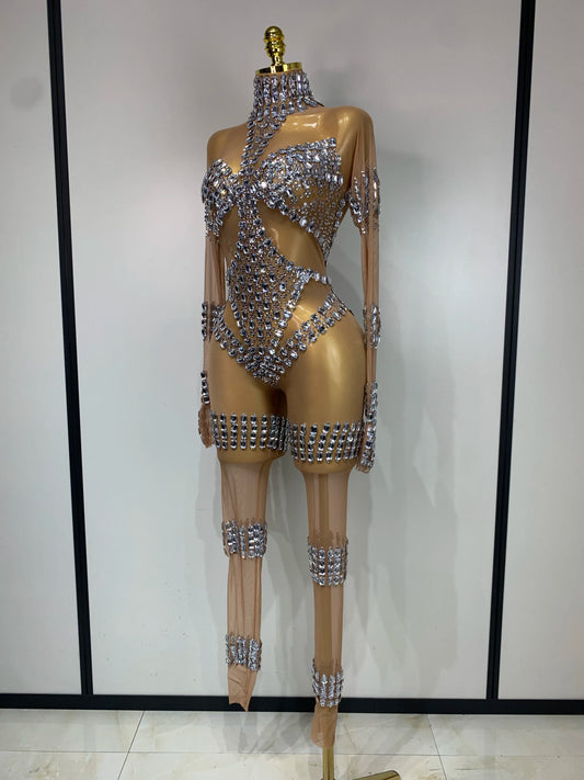 Women Sexy Transparent Sparkly Crystals Rhinestones Mesh Strech Jumpsuit Birthday Dance Costume Performance Stage Outfit
