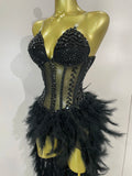Sparkly Rhinestones Feathers Long Tail Bodysuits Sexy Mesh Transparent Stage Dress Evening Party Celebrate Luxury Birthday Dress