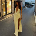 Elegant Backless Long Dress Sexy Women's Deep V Ruched Split Curvy Maxi Dresses Evening Party Beach Pool Summer Pink Yellow New