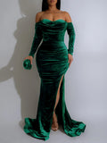 Padded Velvet High Slit Off Shoulder Evening Party Long Dress Women Long Sleeve Bodycon Vestidos Lady Ruched Clothing