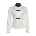 White Contrast Faux Leather Collar Blazer Women Buckle Belt Waist Slim Fit Long Sleeve Stand Neck Ins Party Fashion Outerwear