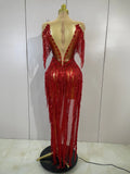 Sexy Sparkly Red Diamonds Tassel Mesh See Through Long Dress Women Eveing Birthday Party Nightclub Singer Stage PhotoShoot Wear